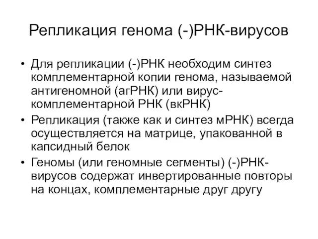 Репликация генома (-)РНК-вирусов Для репликации (-)РНК необходим синтез комплементарной копии генома,