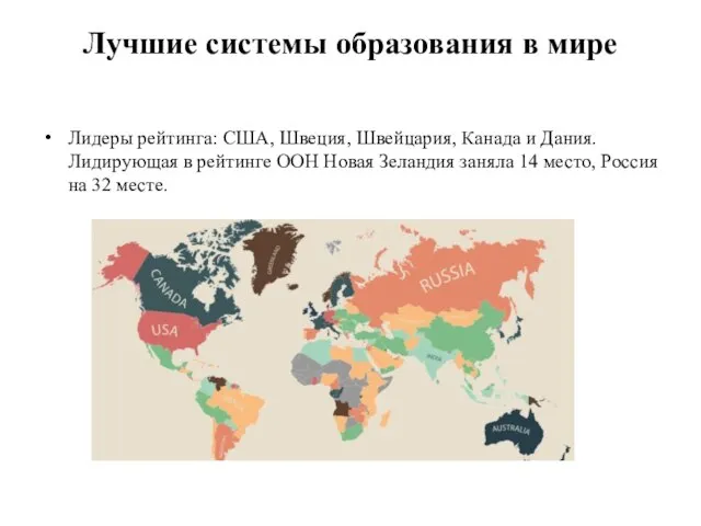 Лучшие системы образования в мире Лидеры рейтинга: США, Швеция, Швейцария, Канада