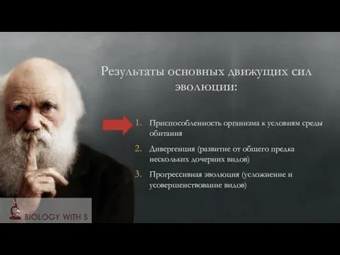 Приспособленность организма к условиям среды обитания Дивергенция (развитие от общего предка