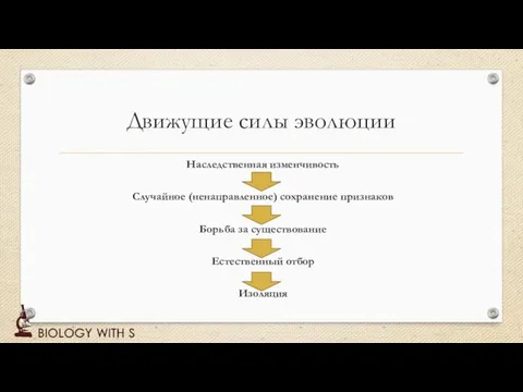 Движущие силы эволюции Наследственная изменчивость Случайное (ненаправленное) сохранение признаков Борьба за существование Естественный отбор Изоляция