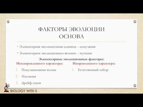 ФАКТОРЫ ЭВОЛЮЦИИ ОСНОВА Элементарная эволюционная единица – популяция Элементарное эволюционное явление