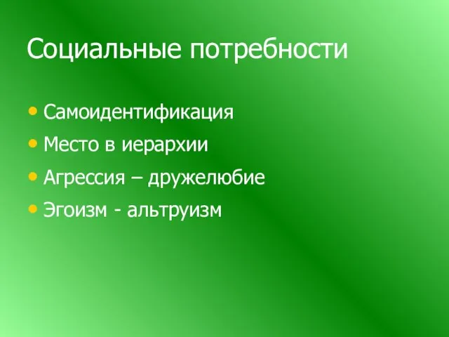 Социальные потребности Самоидентификация Место в иерархии Агрессия – дружелюбие Эгоизм - альтруизм