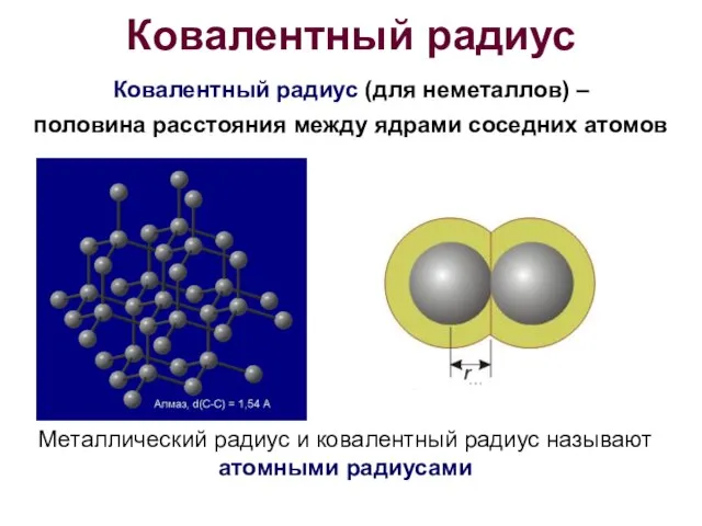 Ковалентный радиус Ковалентный радиус (для неметаллов) – половина расстояния между ядрами