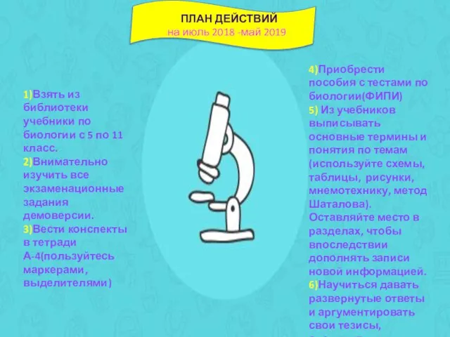 1)Взять из библиотеки учебники по биологии с 5 по 11 класс.