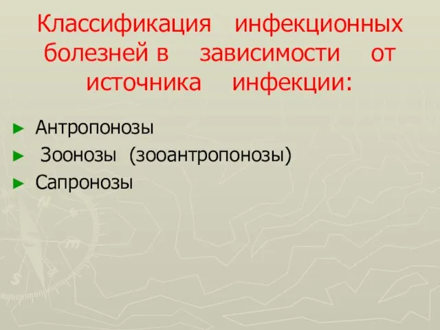 Классификация инфекционных болезней в зависимости от источника инфекции: Антропонозы Зоонозы (зооантропонозы) Сапронозы