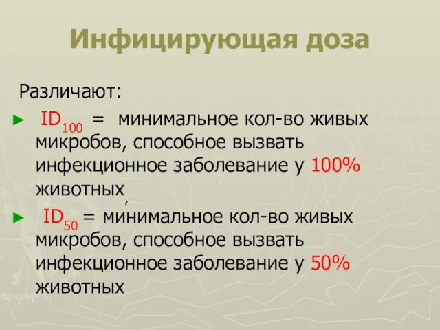 Инфицирующая доза Различают: ID100 = минимальное кол-во живых микробов, способное вызвать