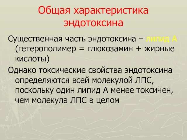 Общая характеристика эндотоксина Существенная часть эндотоксина – липид А (гетерополимер =