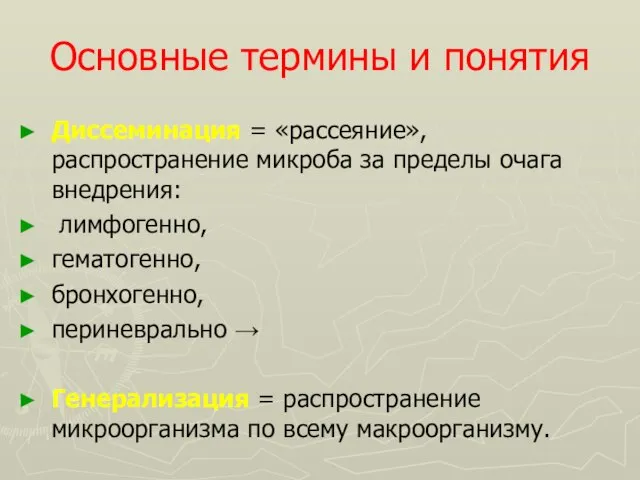 Основные термины и понятия Диссеминация = «рассеяние», распространение микроба за пределы