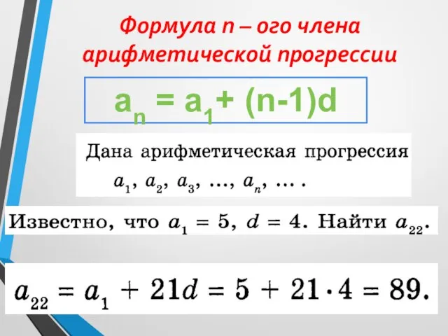 Формула n – ого члена арифметической прогрессии an = a1+ (n-1)d