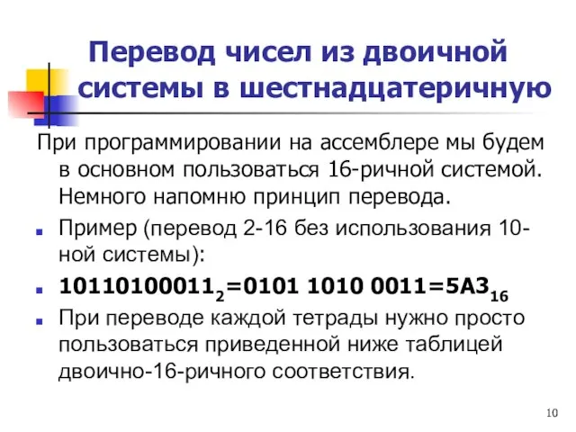 Перевод чисел из двоичной системы в шестнадцатеричную При программировании на ассемблере