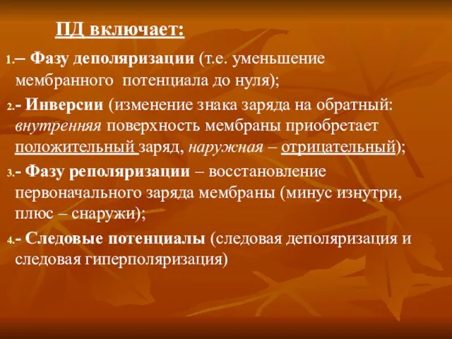 ПД включает: – Фазу деполяризации (т.е. уменьшение мембранного потенциала до нуля);