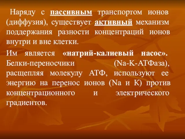 Наряду с пассивным транспортом ионов (диффузия), существует активный механизм поддержания разности