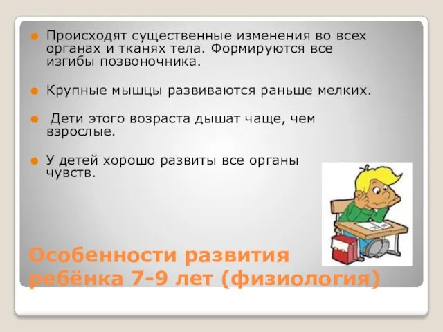 Особенности развития ребёнка 7-9 лет (физиология) Происходят существенные изменения во всех