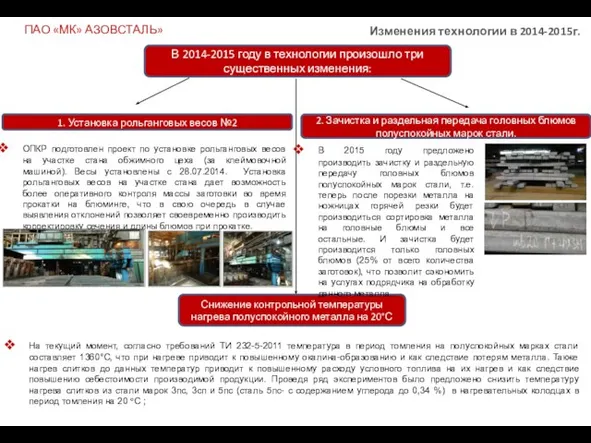 1. Установка рольганговых весов №2 В 2014-2015 году в технологии произошло