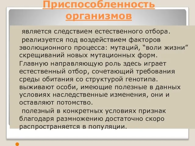 Приспособленность организмов является следствием естественного отбора. реализуется под воздействием факторов эволюционного