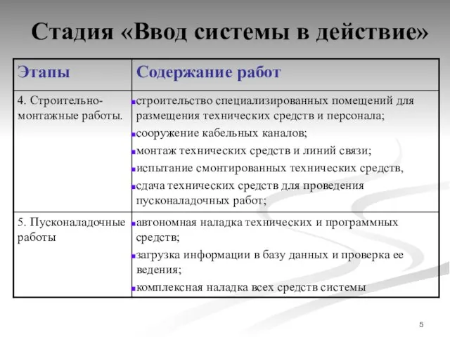 Стадия «Ввод системы в действие»