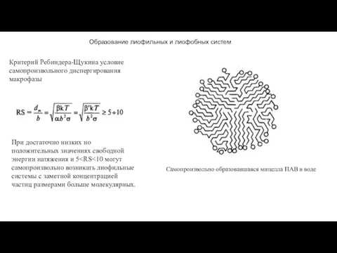 Образование лиофильных и лиофобных систем Критерий Ребиндера-Щукина условие самопроизвольного диспергирования макрофазы