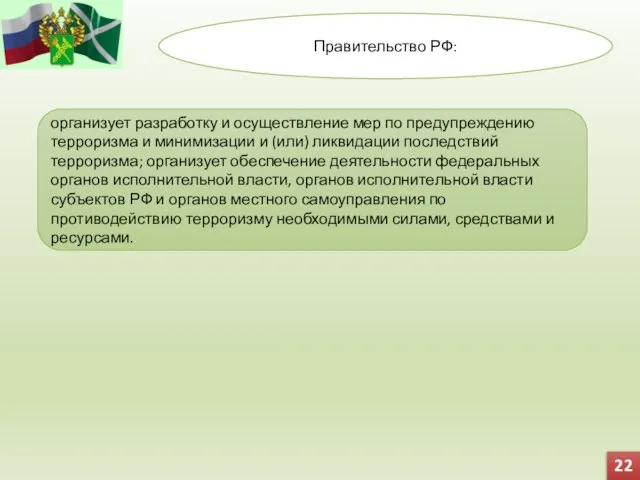 Правительство РФ: организует разработку и осуществление мер по предупреждению терроризма и