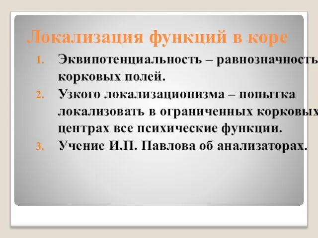 Локализация функций в коре Эквипотенциальность – равнозначность корковых полей. Узкого локализационизма