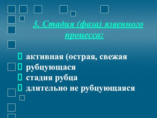 3. Стадия (фаза) язвенного процесса: активная (острая, свежая рубцующася стадия рубца длительно не рубцующаяся