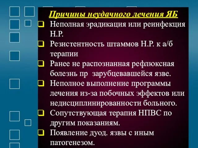 Причины неудачного лечения ЯБ Неполная эрадикация или реинфекция Н.Р. Резистентность штаммов