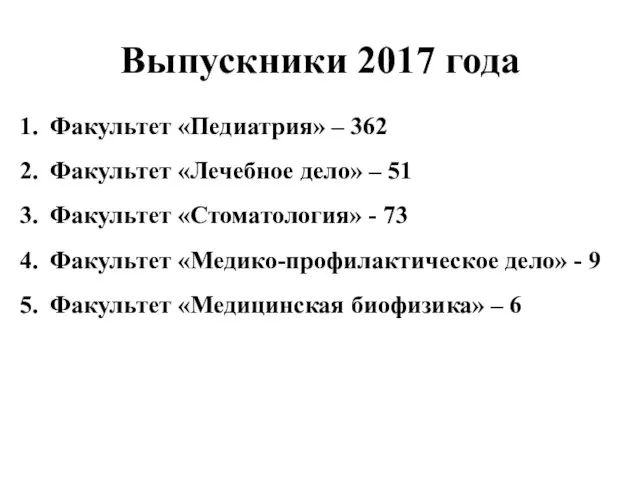 Выпускники 2017 года Факультет «Педиатрия» – 362 Факультет «Лечебное дело» –