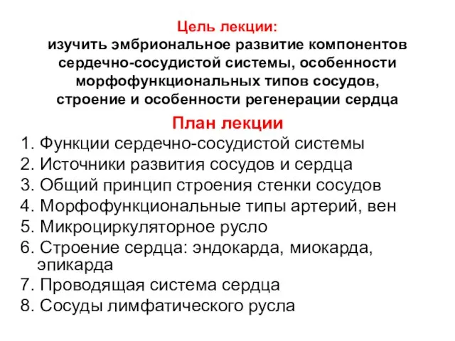 План лекции 1. Функции сердечно-сосудистой системы 2. Источники развития сосудов и