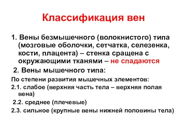 Классификация вен 1. Вены безмышечного (волокнистого) типа (мозговые оболочки, сетчатка, селезенка,