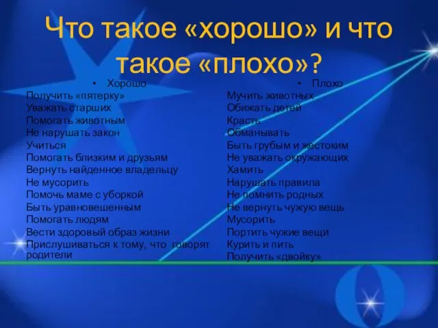 Что такое «хорошо» и что такое «плохо»? Хорошо Получить «пятерку» Уважать