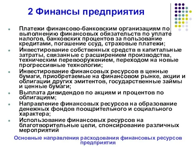 2 Финансы предприятия Платежи финансово-банковским организациям по выполнению финансовых обязательств по