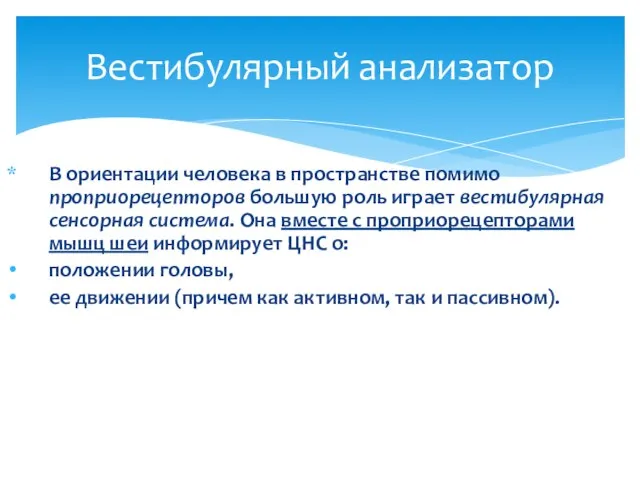 В ориентации человека в пространстве помимо проприорецепторов большую роль играет вестибулярная