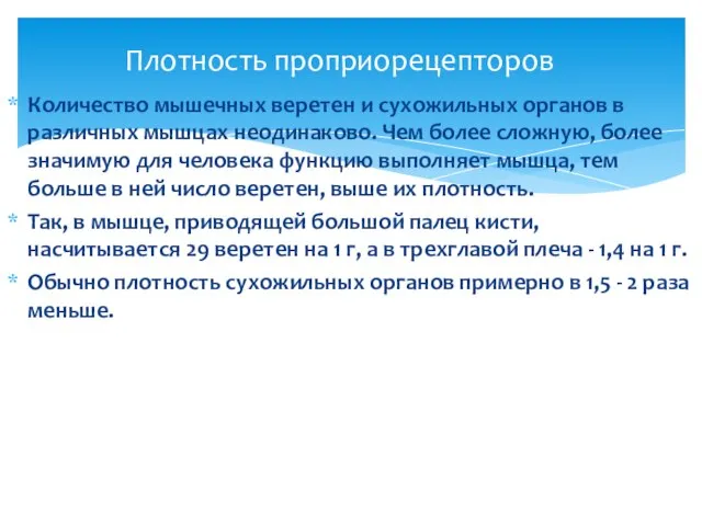 Количество мышечных веретен и сухожильных органов в различных мышцах неодинаково. Чем