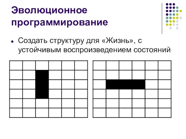 Эволюционное программирование Создать структуру для «Жизнь», с устойчивым воспроизведением состояний