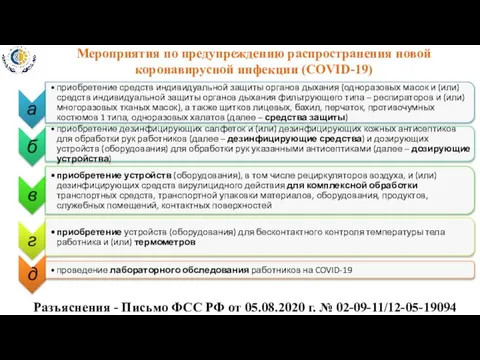 Мероприятия по предупреждению распространения новой коронавирусной инфекции (COVID-19) а приобретение средств