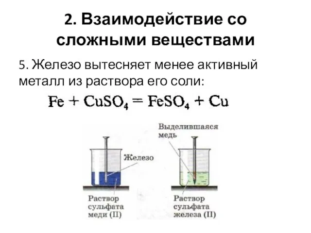 2. Взаимодействие со сложными веществами 5. Железо вытесняет менее активный металл из раствора его соли: