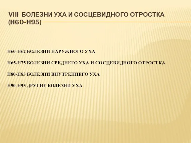 VIII БОЛЕЗНИ УХА И СОСЦЕВИДНОГО ОТРОСТКА (H60-H95) H60-H62 БОЛЕЗНИ НАРУЖНОГО УХА