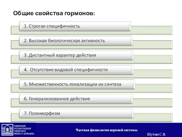 Общие свойства гормонов: Частная физиология нервной системы Шутова С.В.