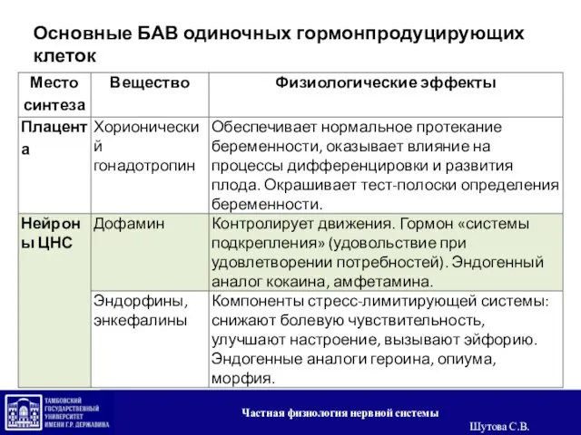 Основные БАВ одиночных гормонпродуцирующих клеток Частная физиология нервной системы Шутова С.В.