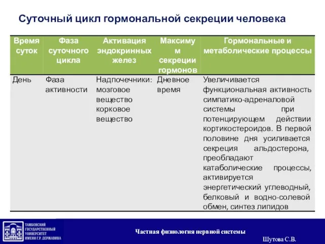 Суточный цикл гормональной секреции человека Частная физиология нервной системы Шутова С.В.