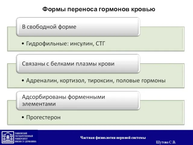 Формы переноса гормонов кровью Частная физиология нервной системы Шутова С.В.