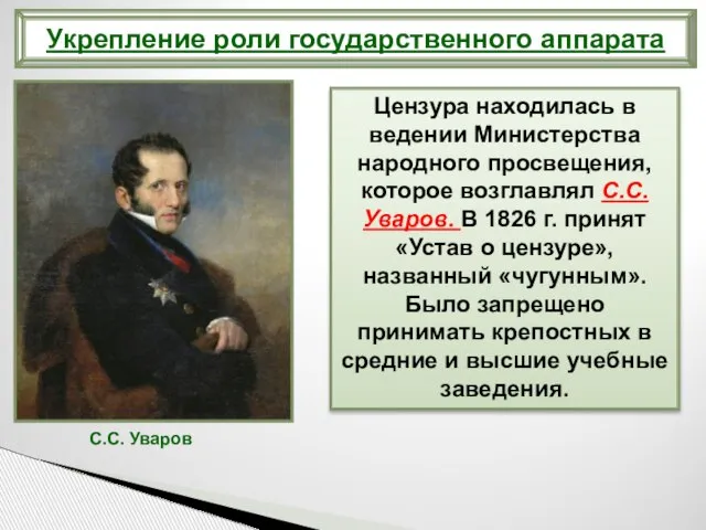 Цензура находилась в ведении Министерства народного просвещения, которое возглавлял С.С. Уваров.