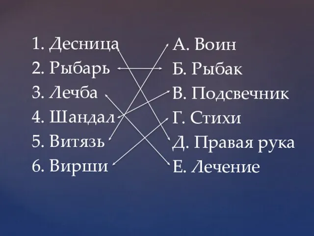 1. Десница 2. Рыбарь 3. Лечба 4. Шандал 5. Витязь 6.