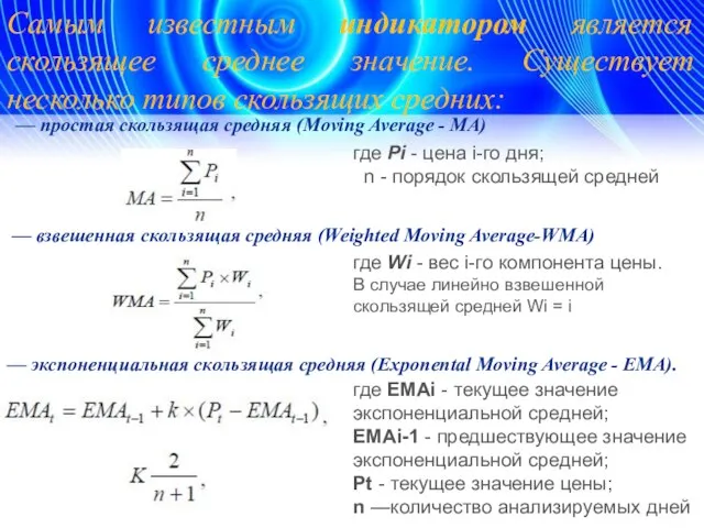 Самым известным индикатором является скользящее среднее значение. Существует несколько типов скользящих