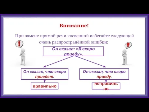 Внимание! При замене прямой речи косвенной избегайте следующей очень распространённой ошибки: