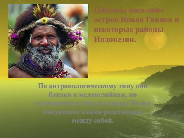 Папуасы населяют остров Новая Гвинея и некоторые районы Индонезии. По антропологическому