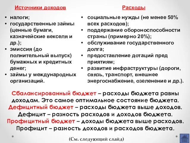 (См. следующий слайд) Сбалансированный бюджет – расходы бюдже­та равны доходам. Это