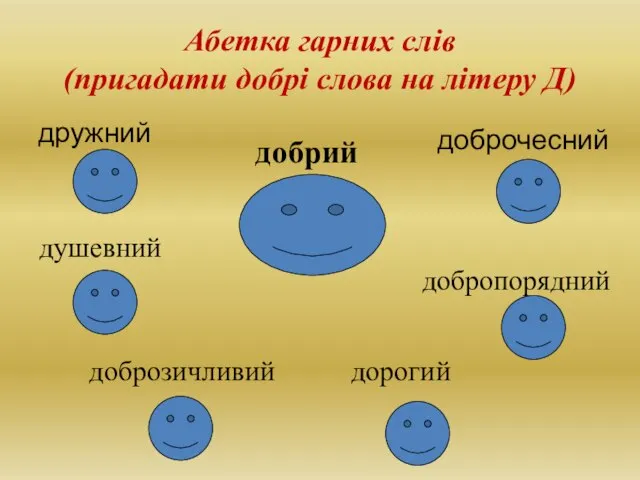 Абетка гарних слів (пригадати добрі слова на літеру Д) дружний доброчесний душевний добропорядний добрий доброзичливий дорогий