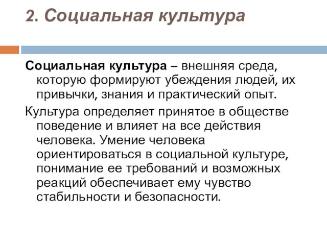 2. Социальная культура Социальная культура – внешняя среда, которую формируют убеждения