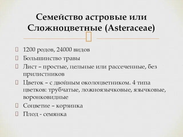 1200 родов, 24000 видов Большинство травы Лист – простые, цельные или