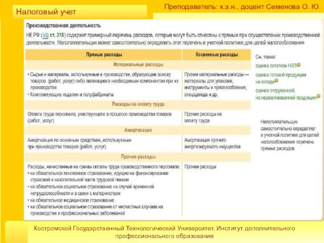 Преподаватель: к.э.н., доцент Семенова О. Ю. Костромской Государственный Технологический Университет. Институт дополнительного профессионального образования Налоговый учет